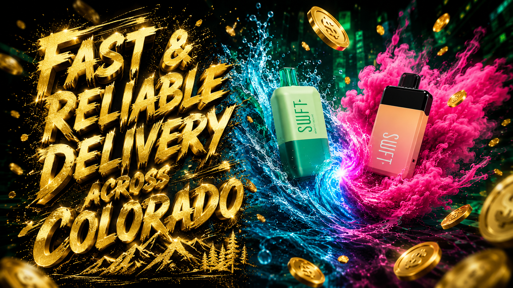 Two colorful disposable vape devices are surrounded by dramatic waves of blue water and vibrant pink vapor, creating a dynamic and eye-catching advertising scene. Floating gold dollar coins and a glowing green money-themed background enhance the feeling of value, energy, and excitement. The image presents premium disposable vapes with a futuristic luxury aesthetic, emphasizing bold flavors, affordability, and modern design.