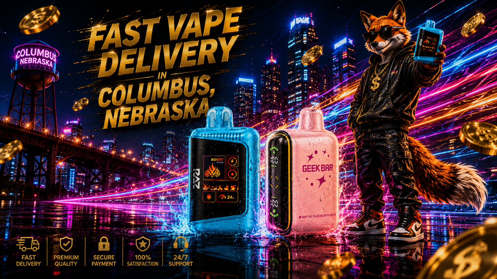 Colorful vape devices with water splashes, neon light trails, gold coins, and a nighttime Columbus, Nebraska skyline.