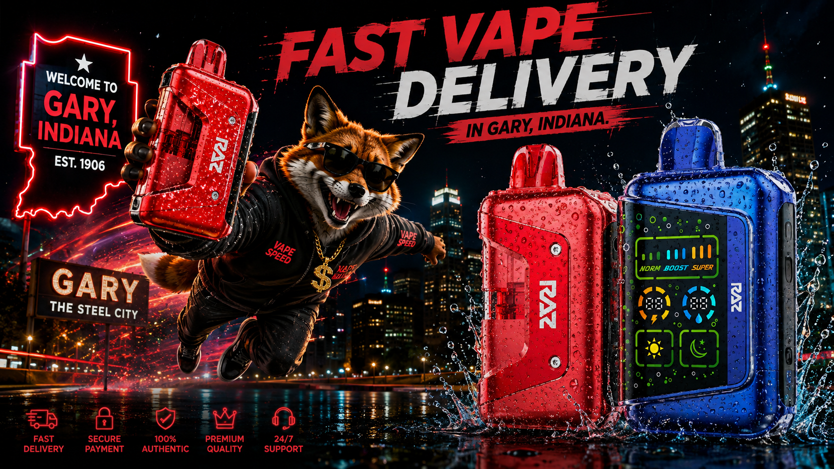 Red and blue devices burst through water as a fox mascot races across a neon-lit Gary cityscape.