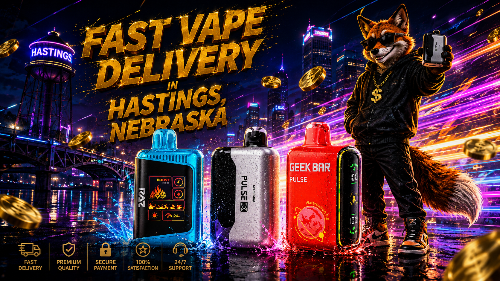 Colorful vape devices with water splashes, neon light trails, gold coins, and a nighttime Hastings city backdrop.
