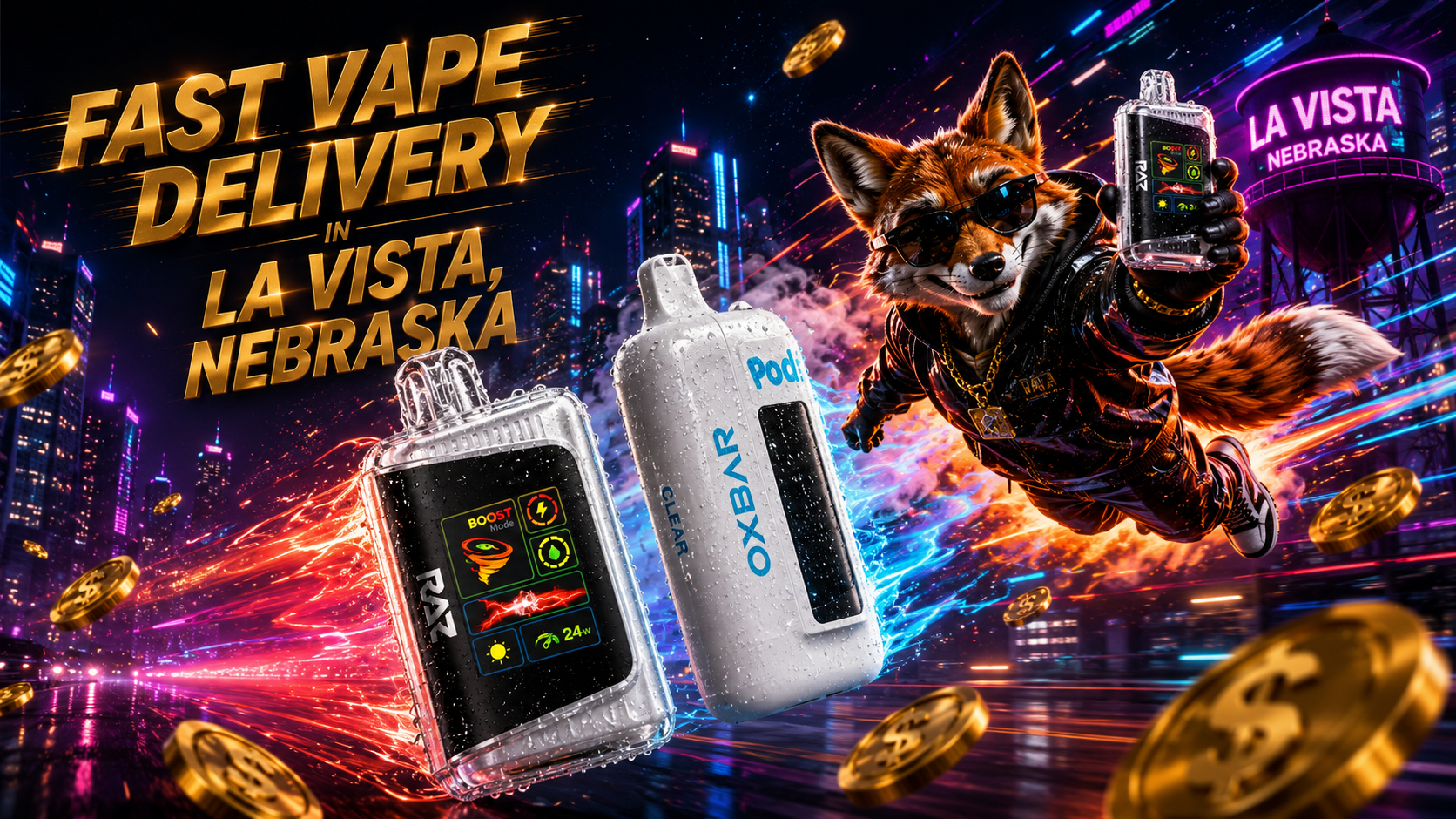 Colorful vape devices with water droplets, neon energy trails, gold coins, and a futuristic La Vista night cityscape.