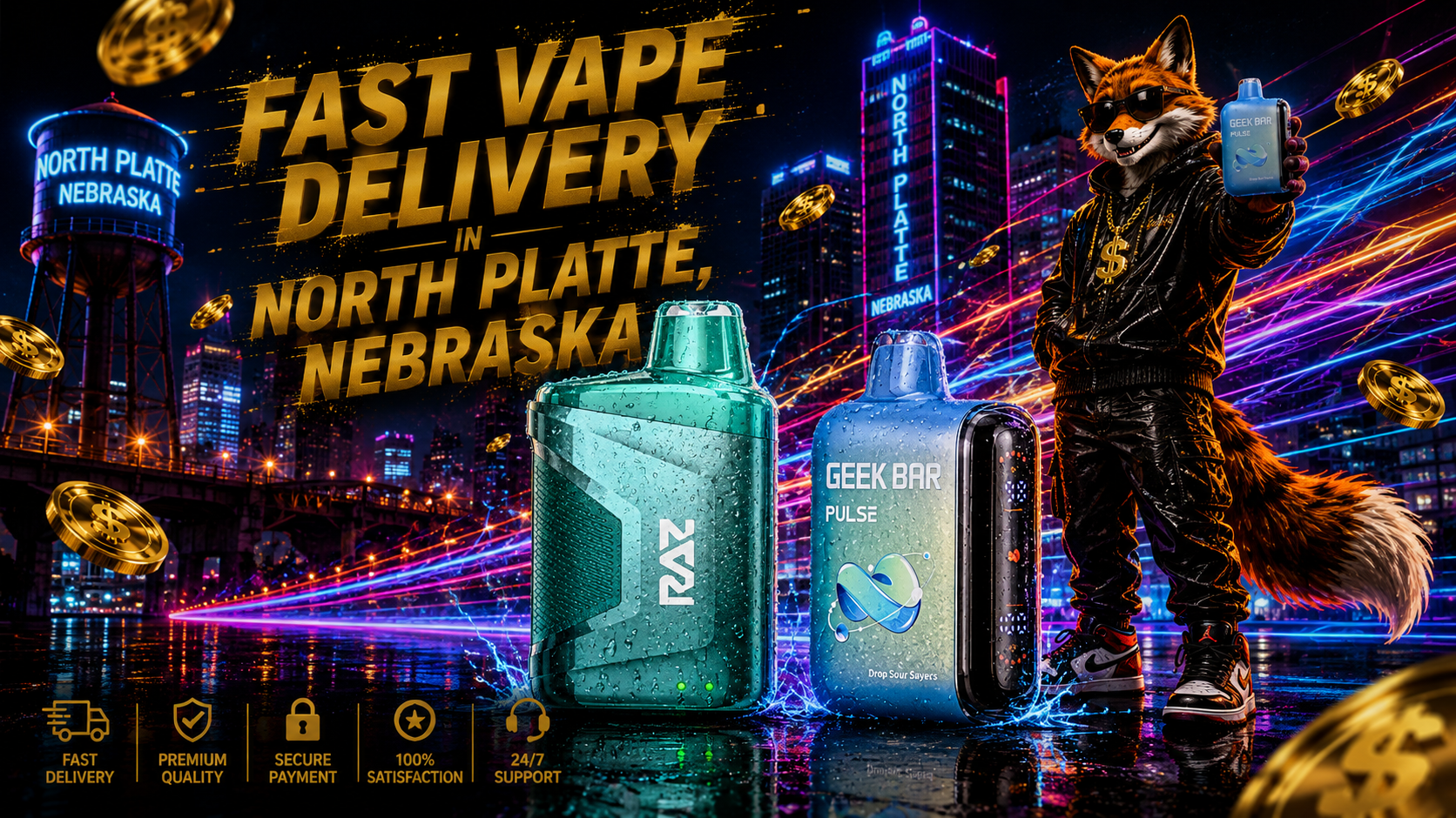 Colorful vape devices with water droplets, neon light trails, gold coins, and a nighttime North Platte cityscape.