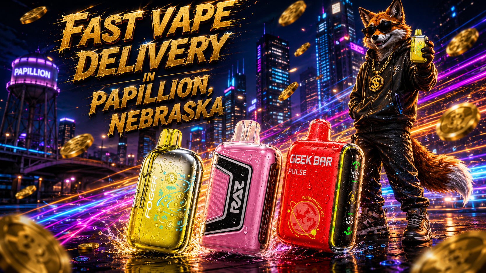 Colorful vape devices with water droplets, neon light trails, gold coins, and a nighttime Papillion city scene.