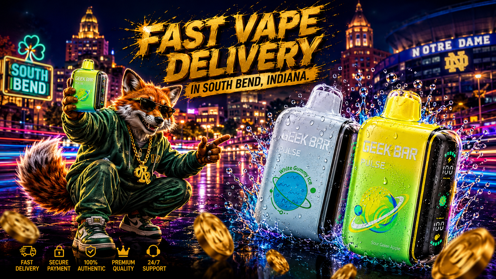 Green and silver vape devices burst through water splashes beside a fox with South Bend lights in the background.