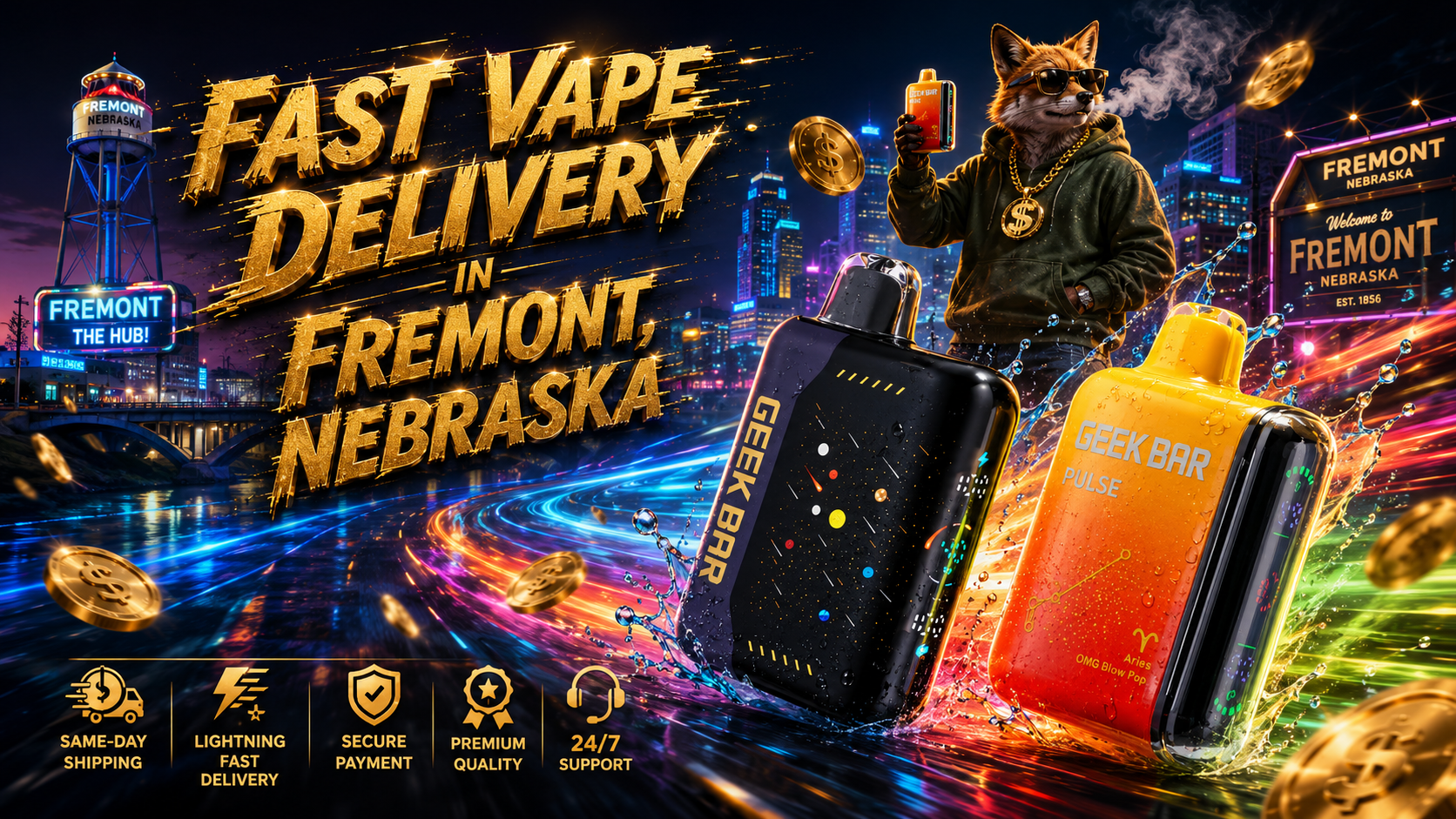 Black and orange vape devices with water splashes, colorful light trails, gold coins, and a Fremont night backdrop.