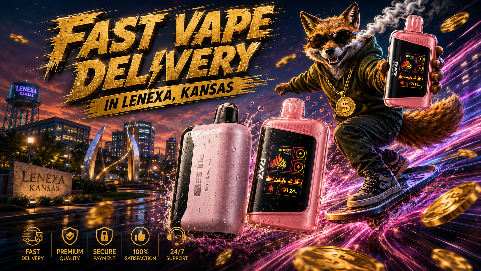 Colorful vape devices with water splashes and a fox racing through a glowing Lenexa city scene.