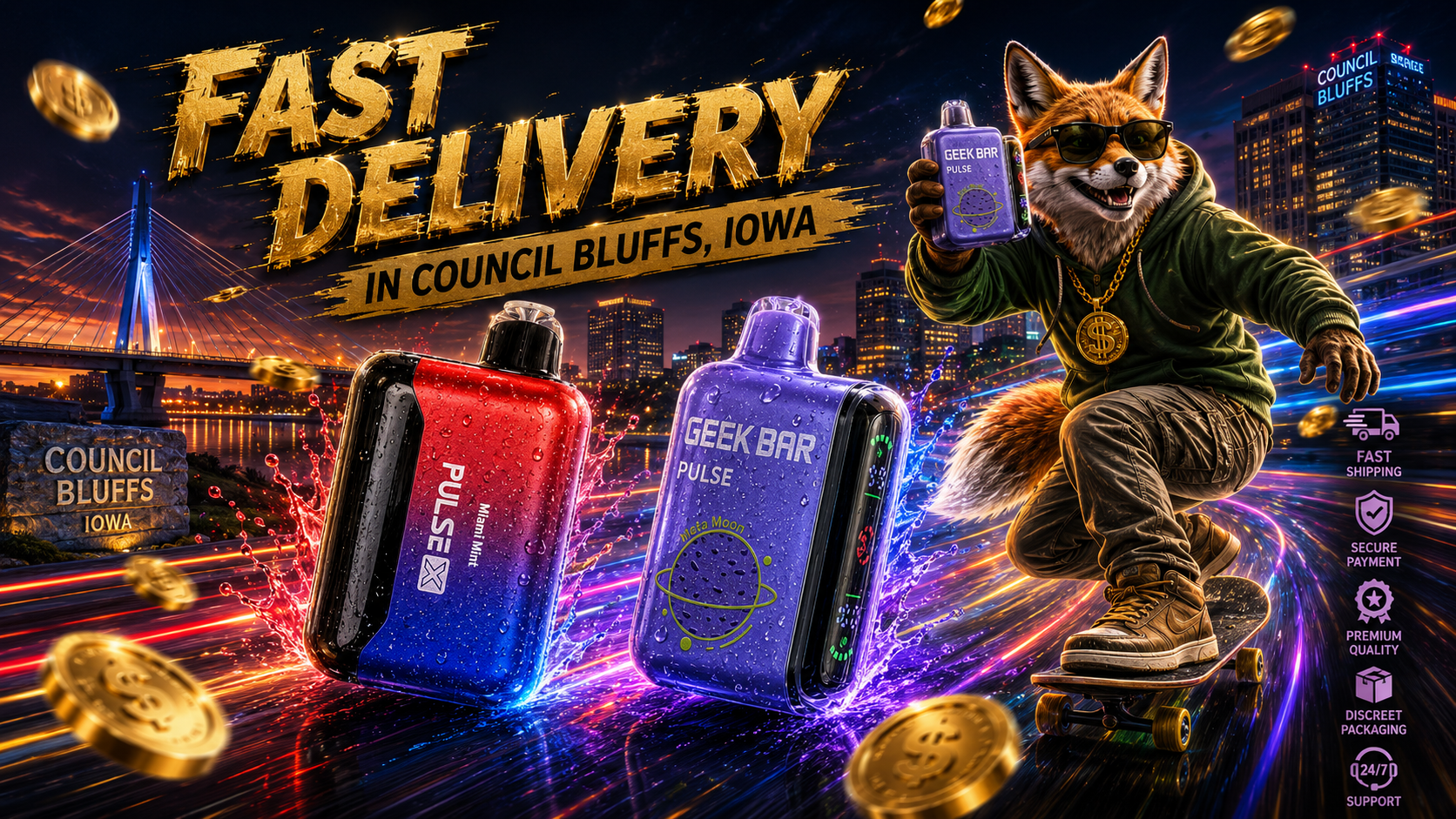 Water-covered devices streak through colorful lights as a skateboarding fox moves across a glowing Council Bluffs cityscape.