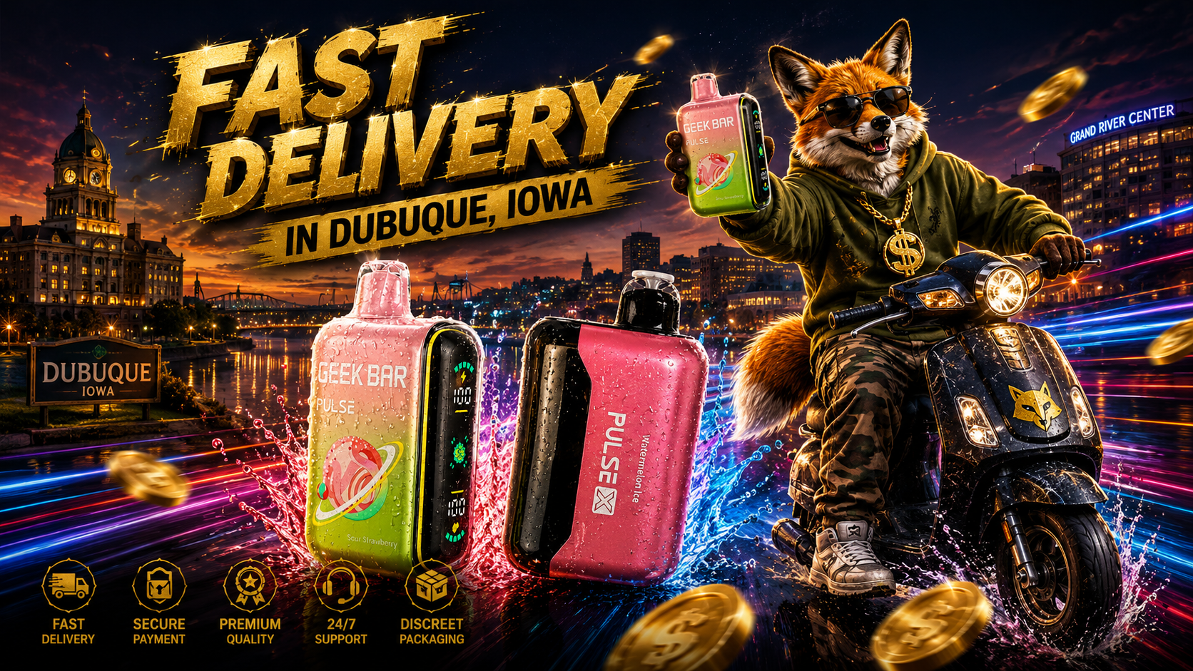 A fox rides through vibrant city lights beside colorful splash-covered devices and the illuminated Dubuque waterfront.