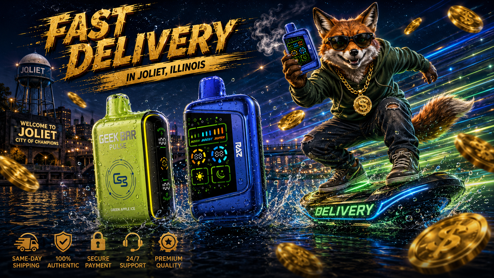 Water-splashed vape devices with a fox rider, neon trails, and gold coins across a vivid Joliet night scene.