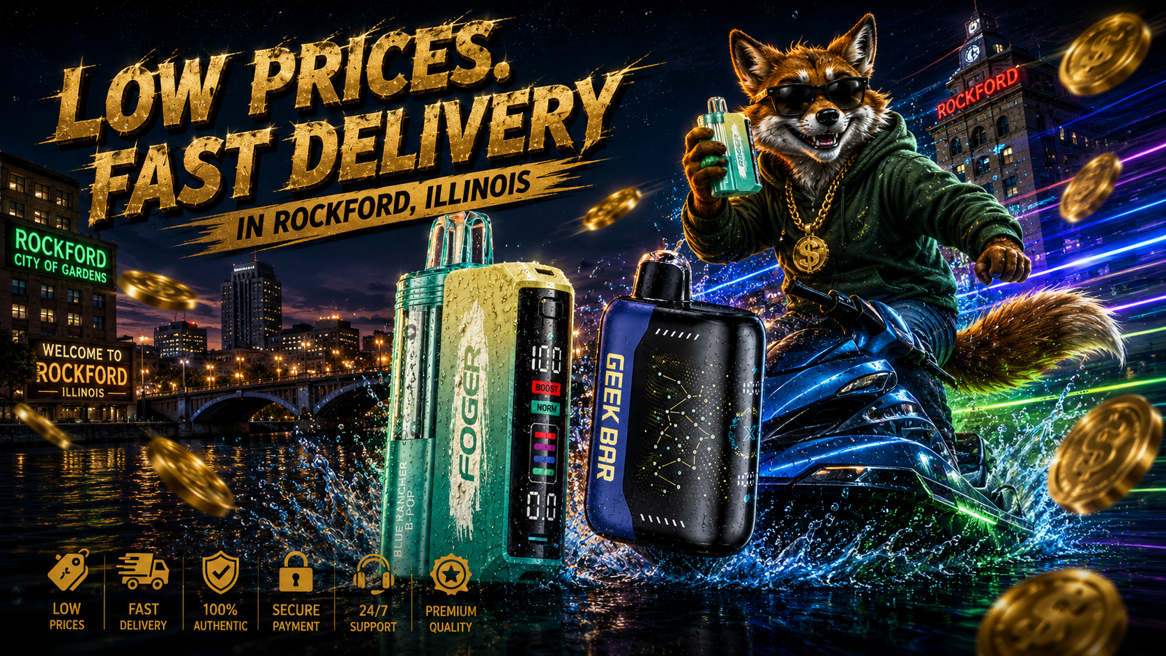 Water-splashed vape devices with neon speed trails, gold coins, and a fox rider across the Rockford night skyline.