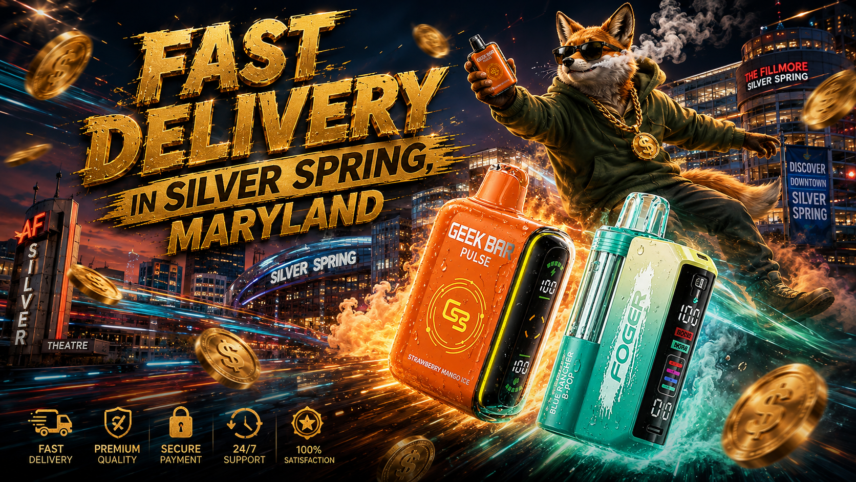 Orange and teal vape devices with water droplets race through a vibrant Silver Spring city scene with dynamic light trails.