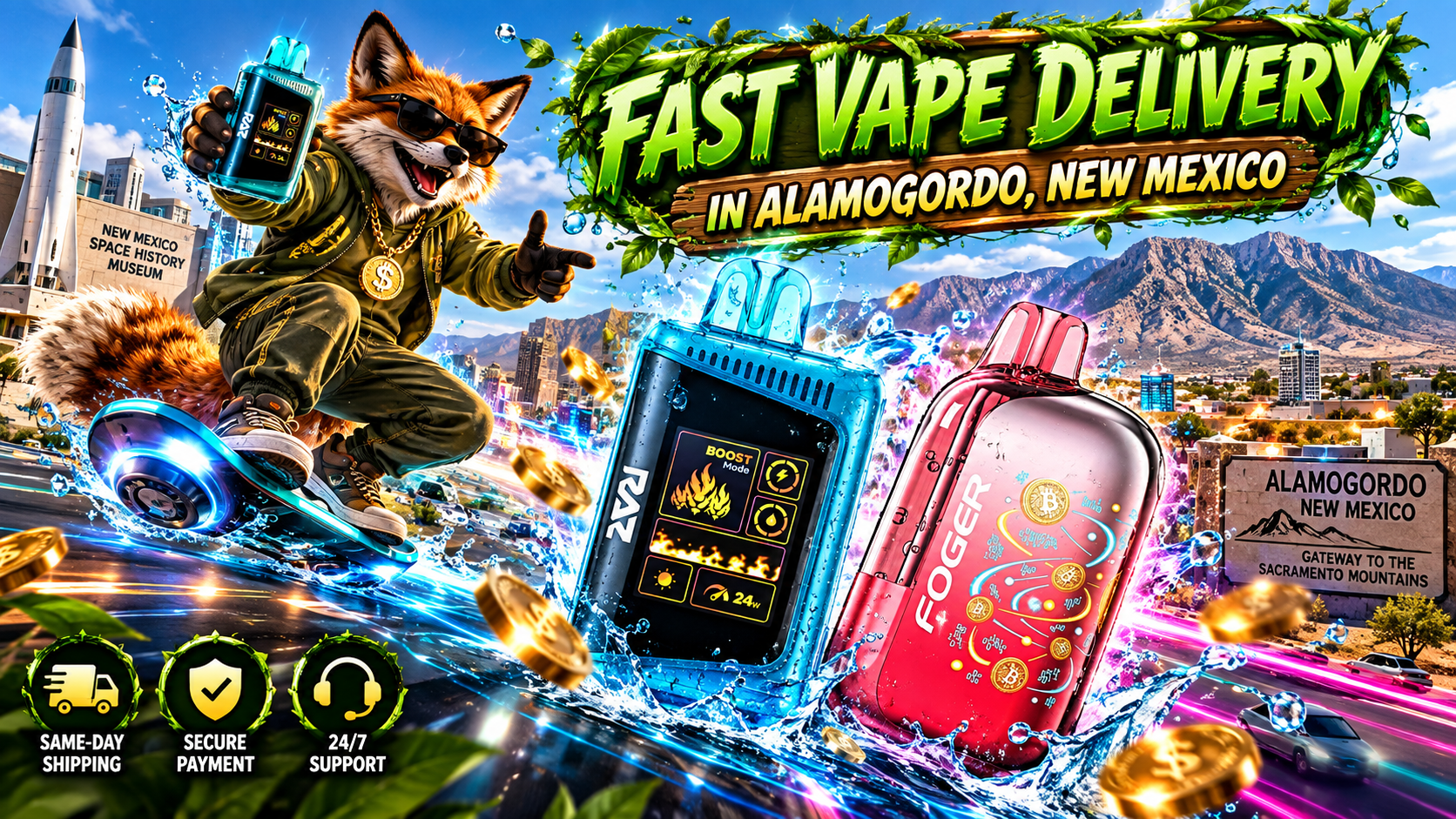 Colorful water-splashed devices surge through an Alamogordo cityscape as a fox rides above glowing energy trails.