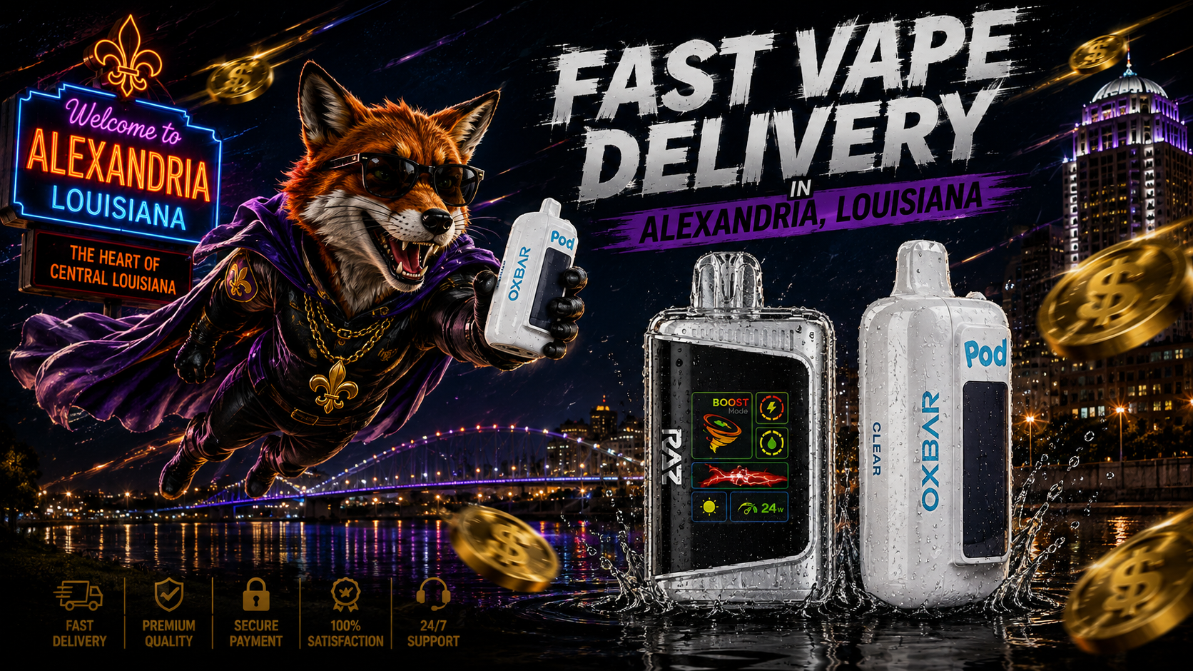 Water-covered vape devices showcased beside a glowing Alexandria skyline with a dynamic flying fox.