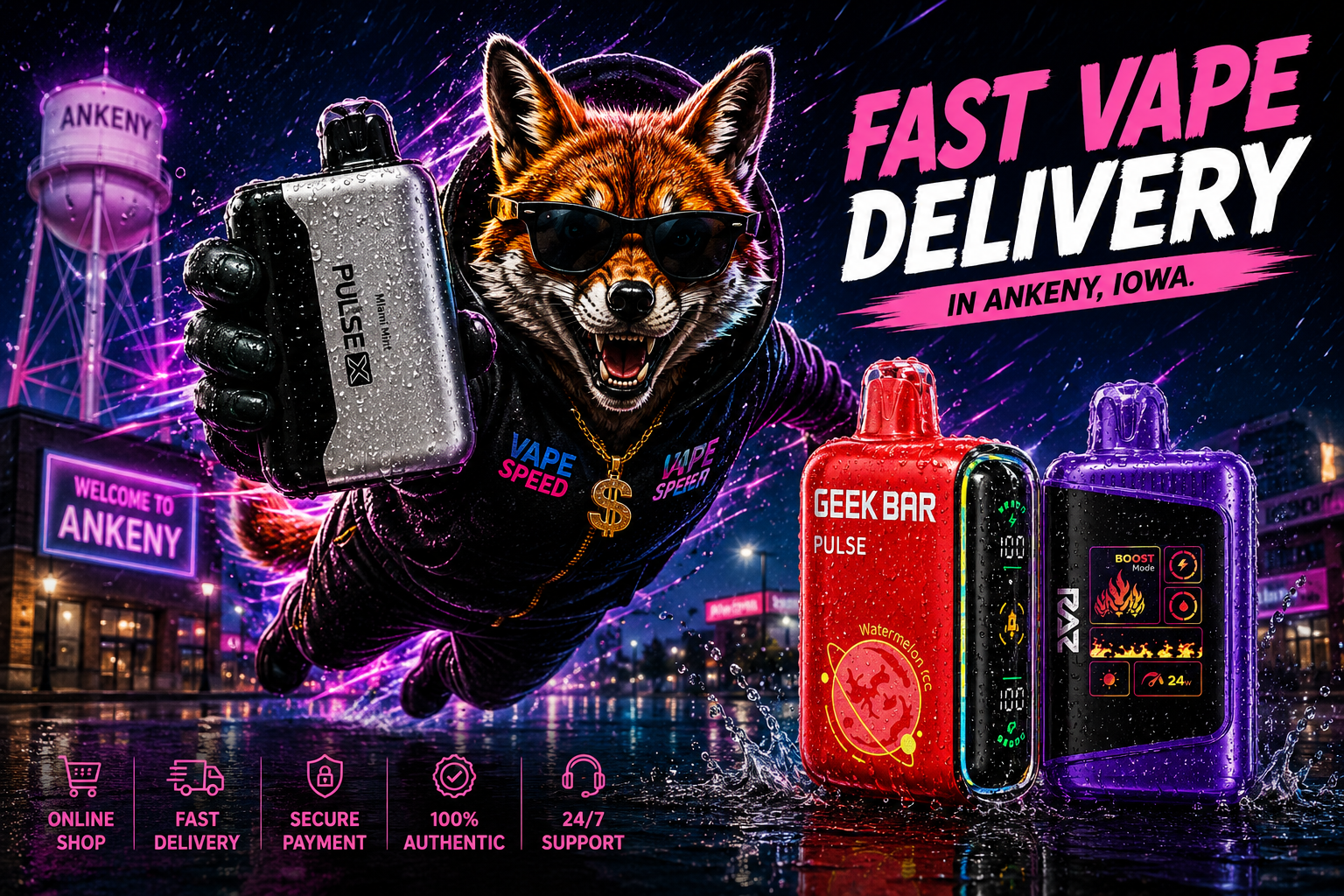 A fox holds a water-covered device beside colorful models, bright splashes and illuminated Ankeny landmarks.