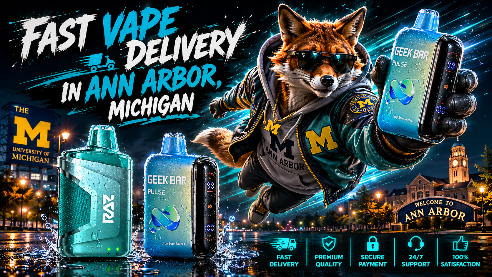 Water-splashed vape devices and a flying fox race through a vivid nighttime Ann Arbor scene with city landmarks.
