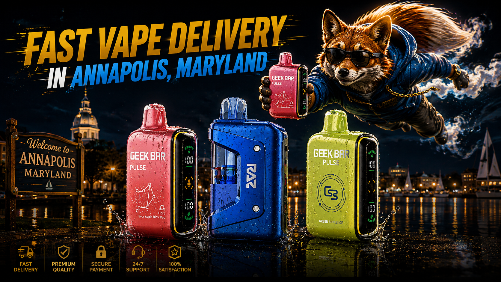 Three water-dappled vape devices with a flying fox above a glowing nighttime Annapolis harbor scene.