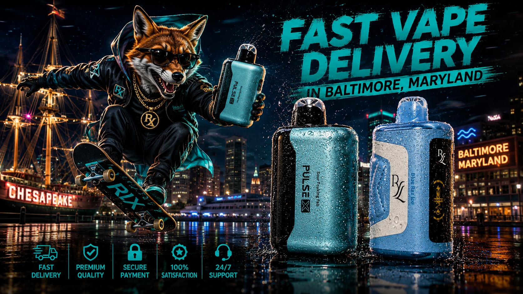Two blue vape devices with water droplets featured against Baltimore’s illuminated harbor and nighttime skyline.