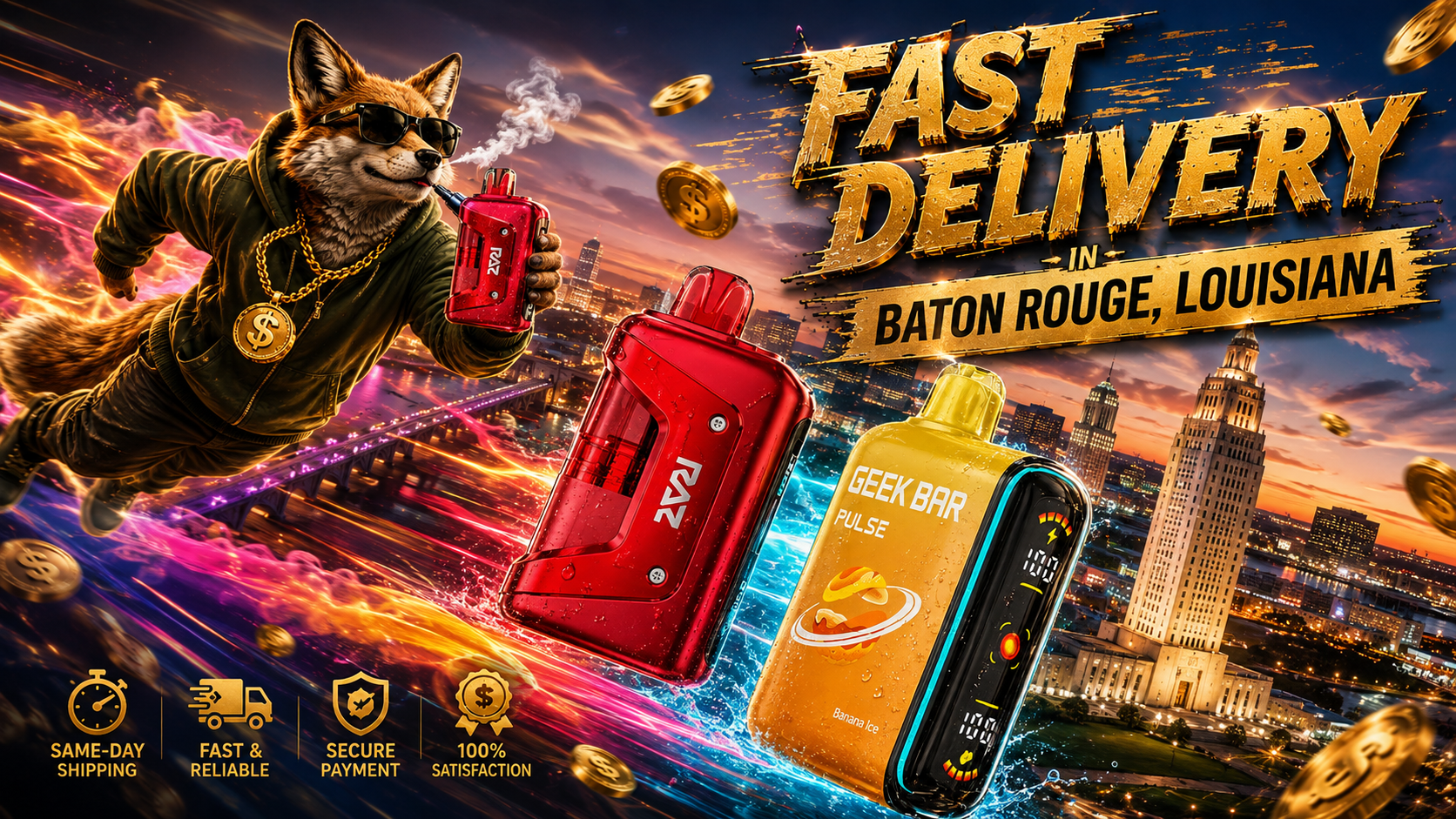 Bright vape devices race through colorful water trails with a fox and Baton Rouge landmarks at sunset.