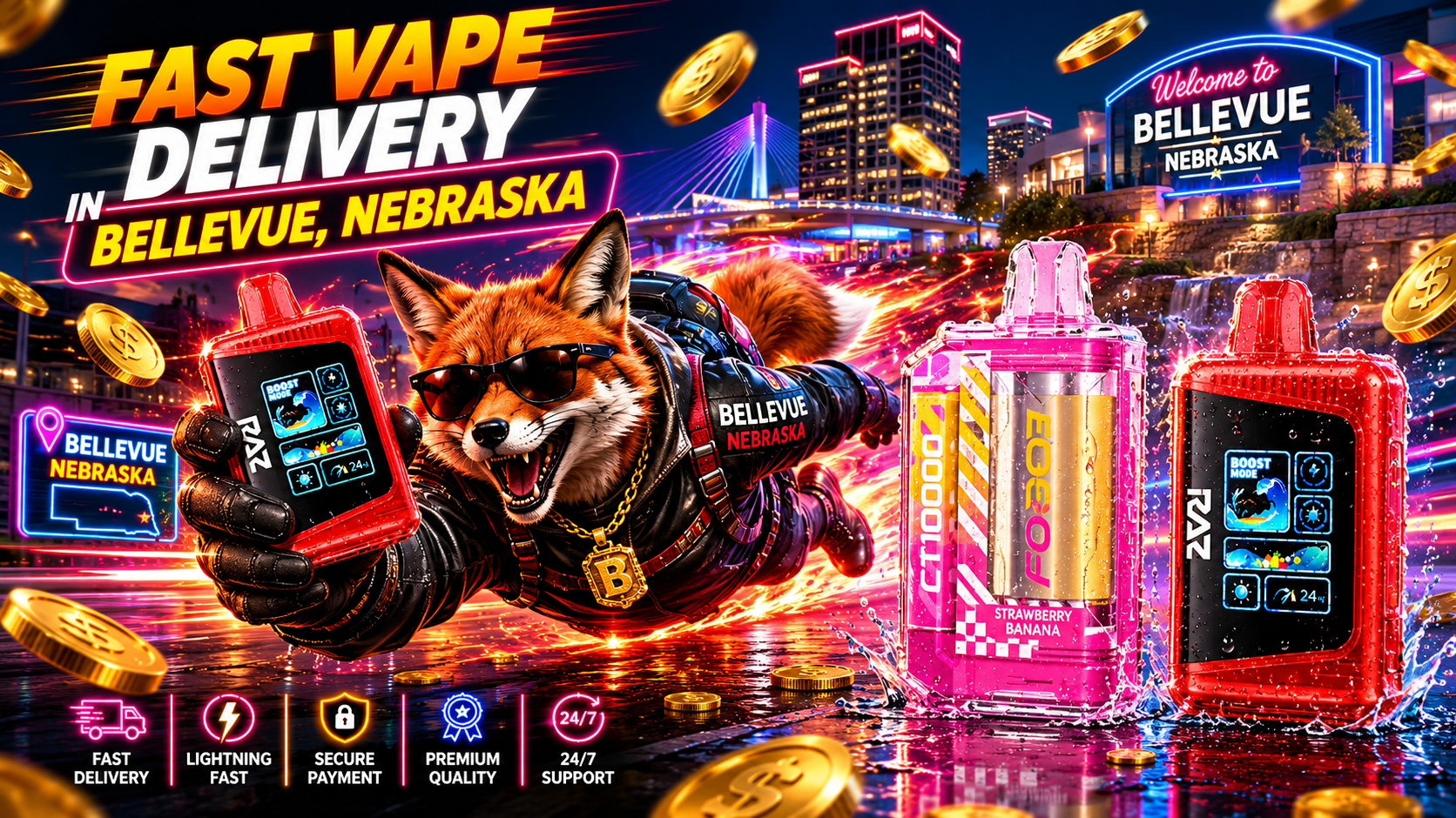 Red and pink vape devices with water droplets, a flying fox mascot, neon city lights, and a Bellevue skyline.
