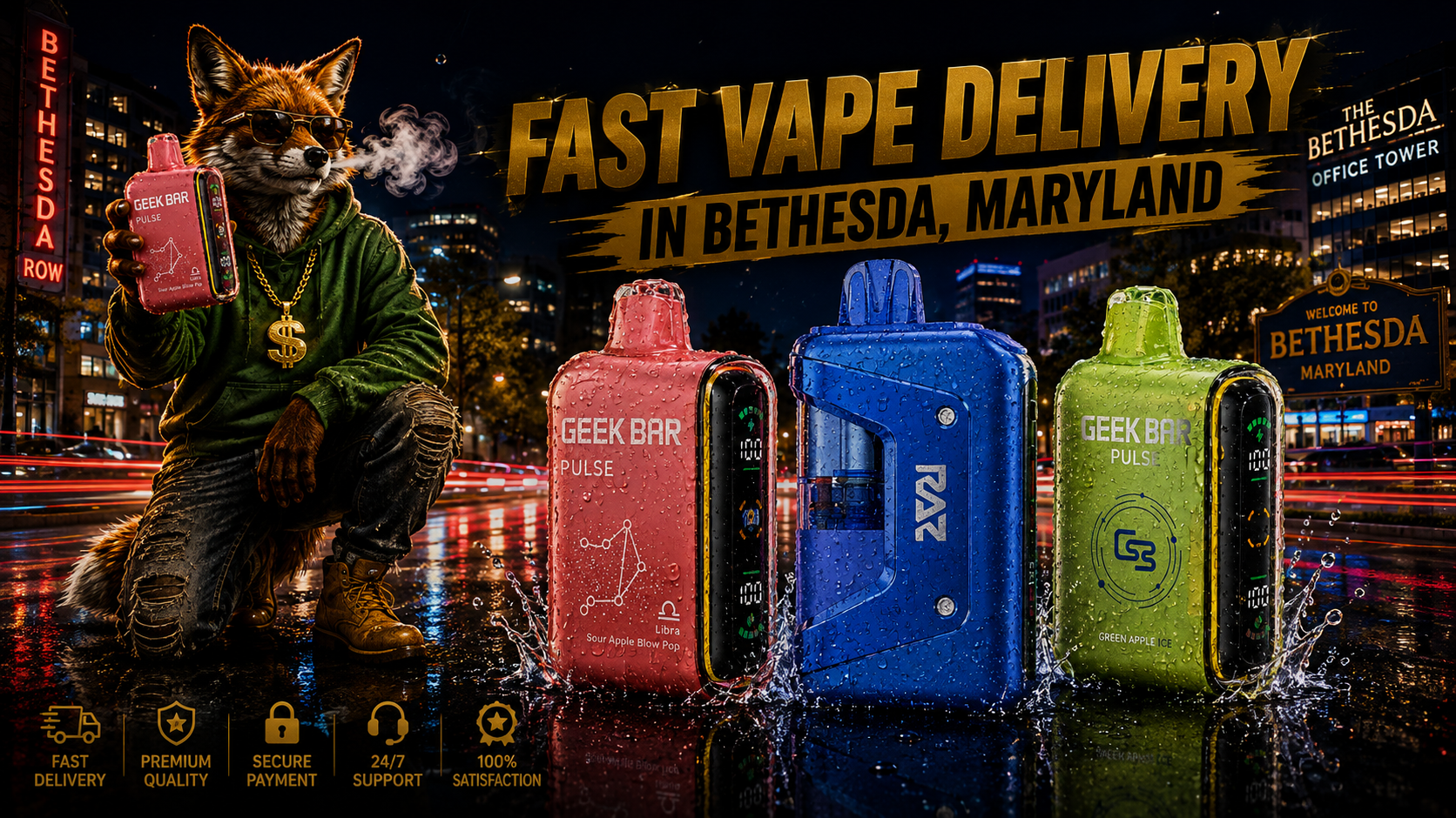 Pink, blue, and green vape devices covered in water droplets stand against a vibrant Bethesda nighttime cityscape.