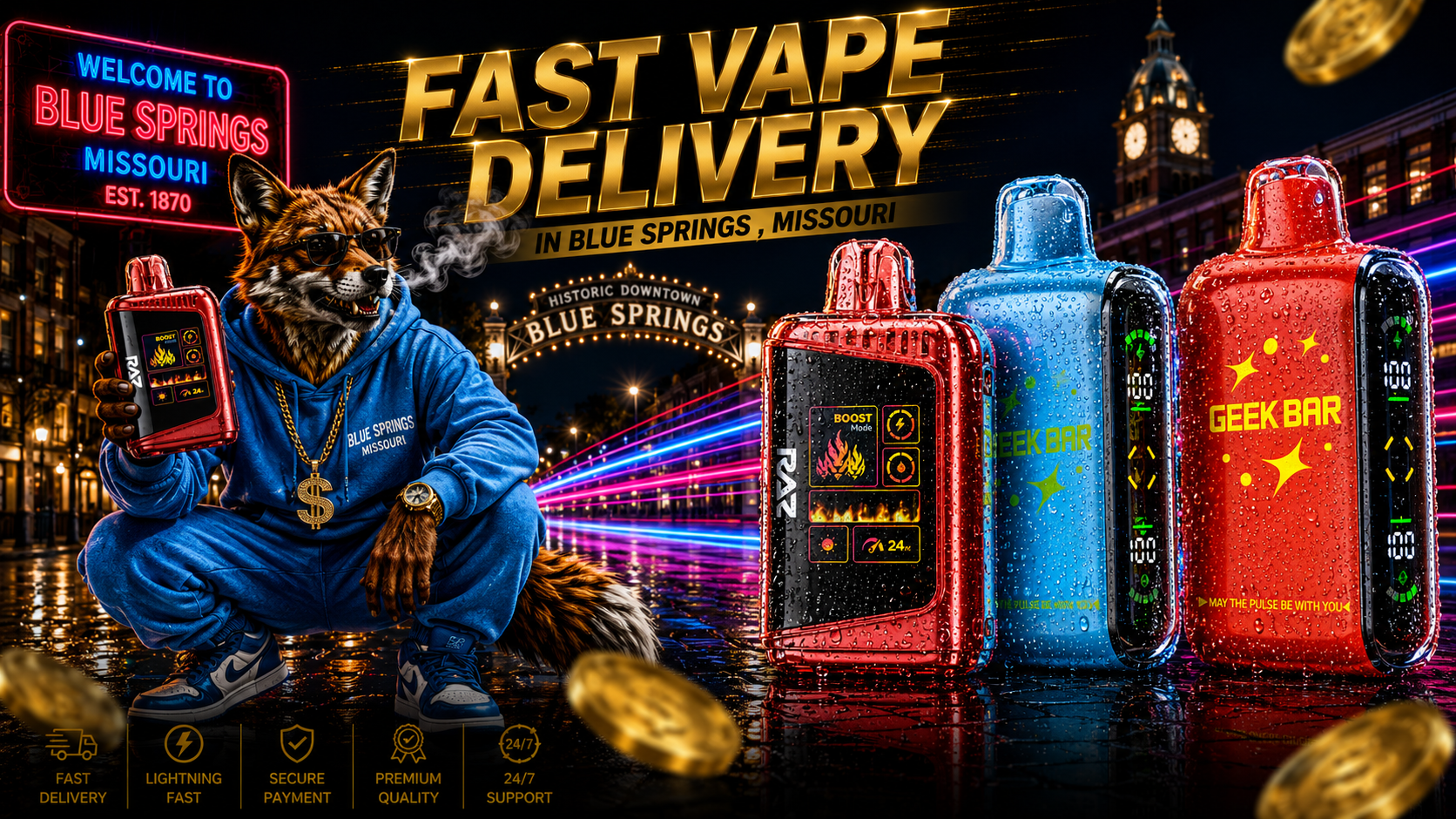 Colorful vape devices covered in water droplets against a neon-lit nighttime scene in Blue Springs, Missouri.