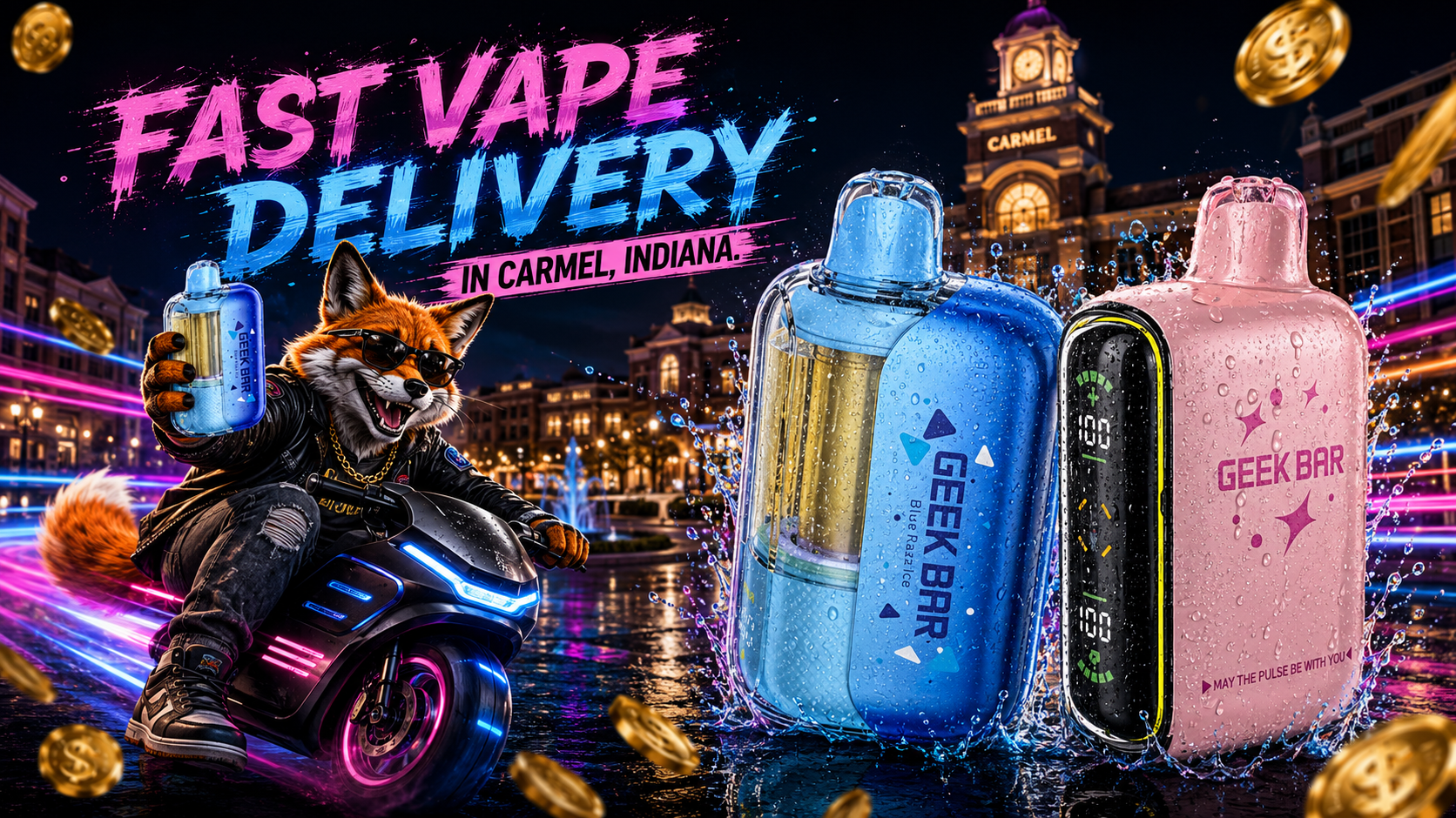 Blue and pink vape devices splash through water as a fox rides past Carmel landmarks in a vivid neon night scene.