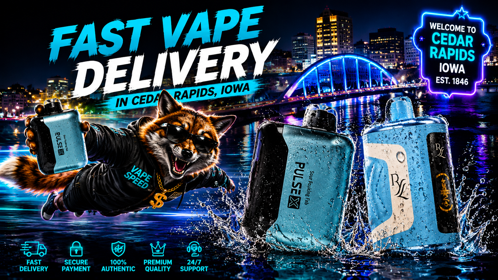 Sleek devices splash through water as a fox speeds past the illuminated Cedar Rapids bridge and city skyline.