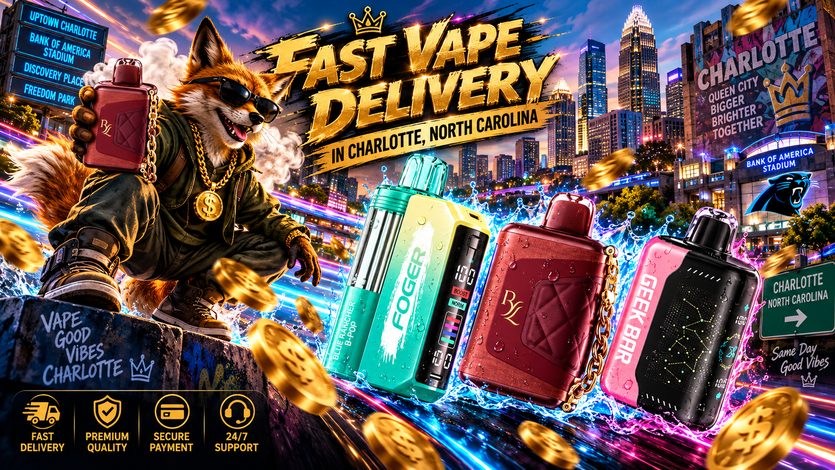 Water-dappled vape devices surge through a vivid Charlotte skyline amid bright splashes, light trails, and golden coins.