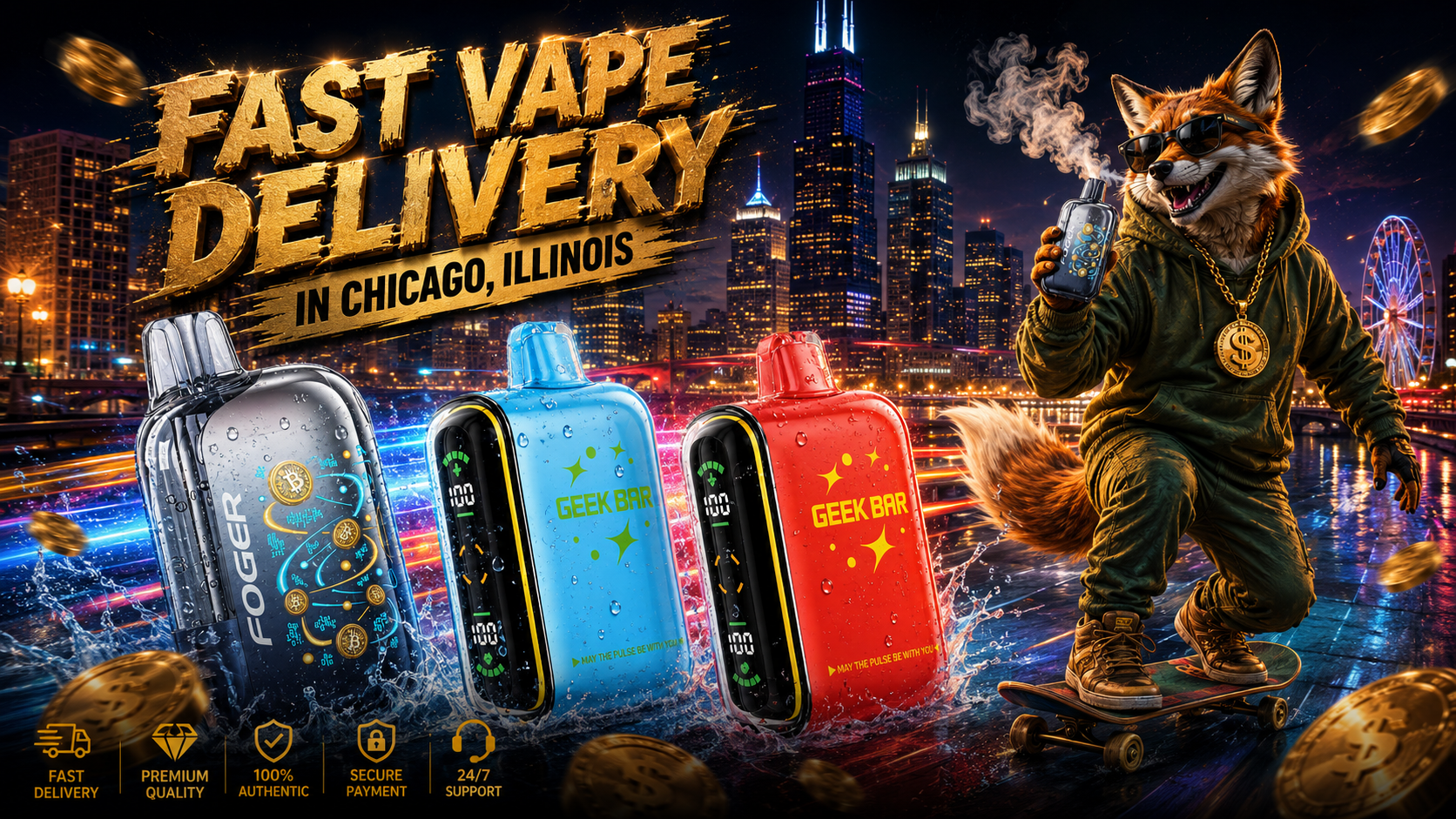 Three colorful vape devices with water effects, gold coins, and a fox skater against Chicago’s illuminated skyline.