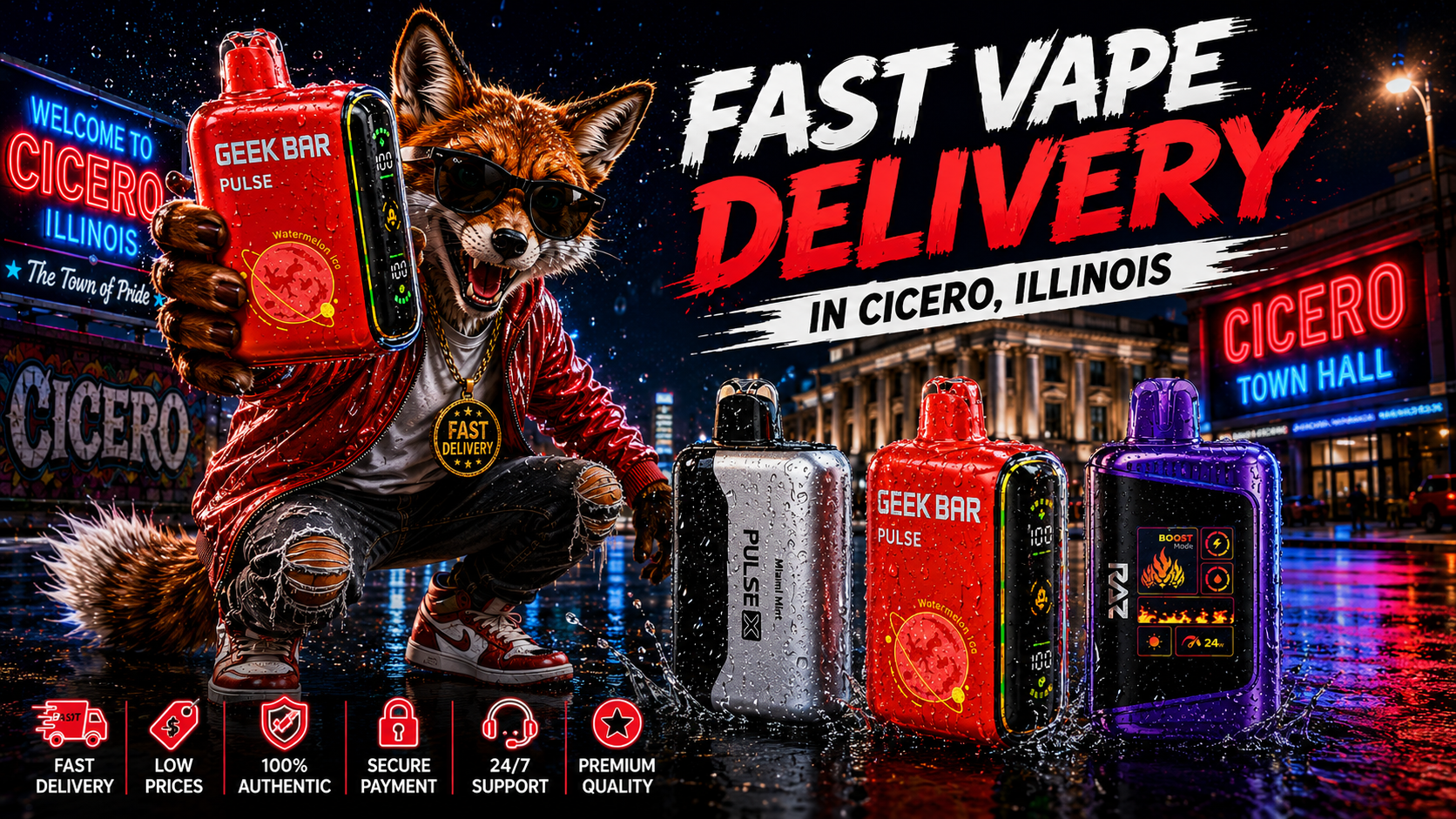 Three colorful vape devices with water droplets, a fox mascot, and bright nighttime scenery in Cicero, Illinois.