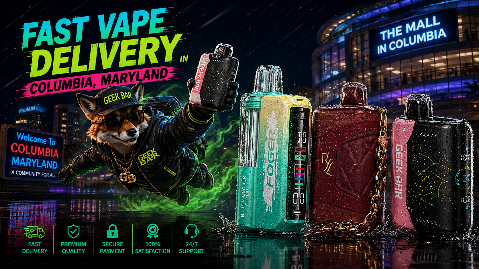 Three water-covered vape devices in teal, burgundy and black set against a vibrant Columbia nighttime scene.