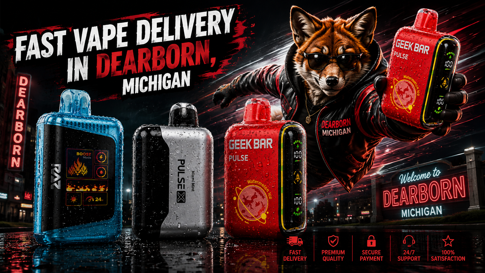 Water-dappled vape devices with a flying fox stand out against neon lights and a nighttime Dearborn city scene.