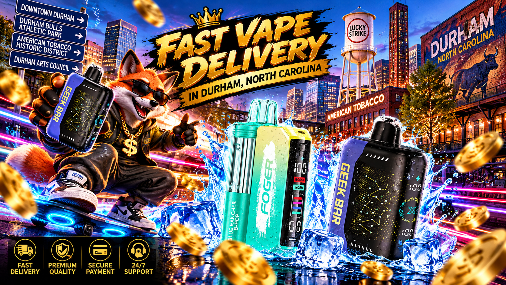 Three sleek vape devices surrounded by icy water splashes and golden coins glow against a lively Durham cityscape.