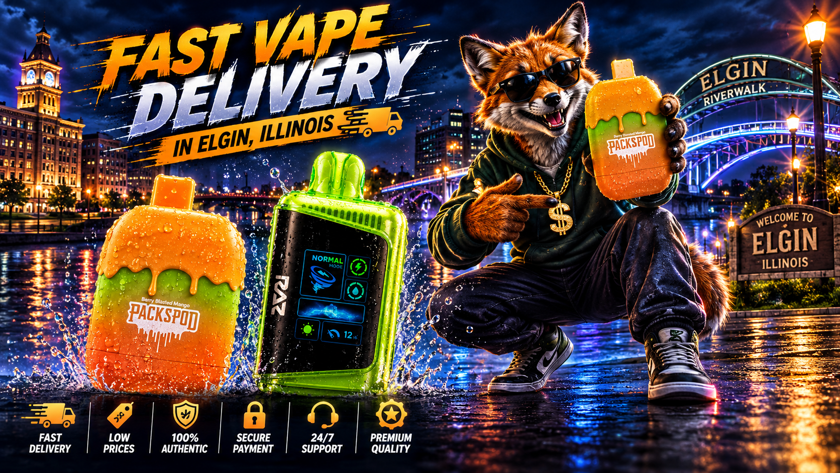Colorful vape devices with water droplets beside a fox character and illuminated Elgin Riverwalk scenery.