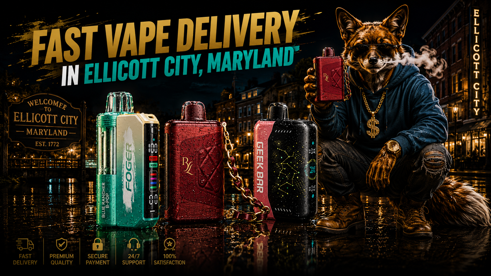 Colorful water-dappled vape devices displayed with a stylish fox against illuminated Ellicott City streets.