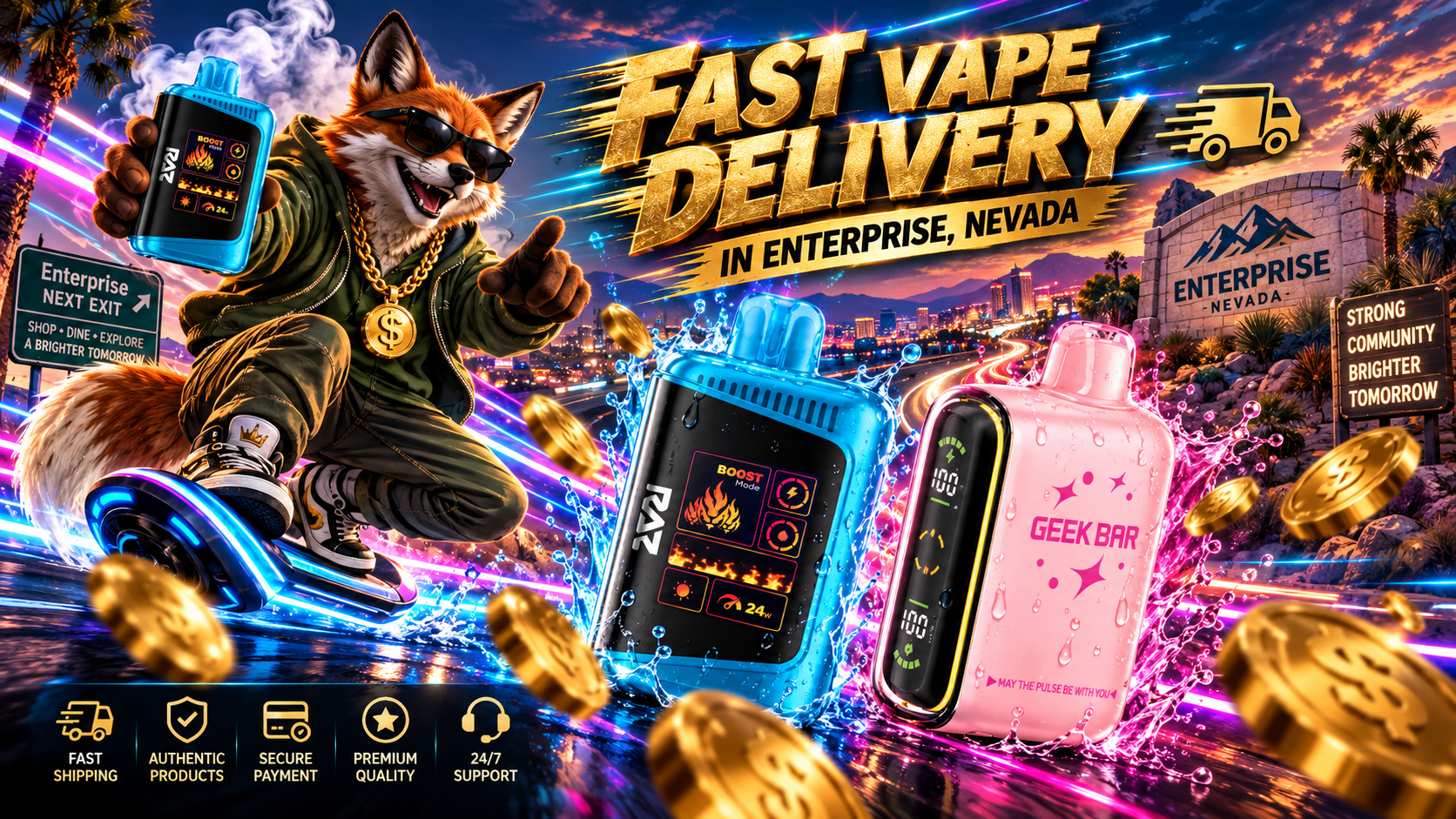 Colorful vaping devices with water splashes against a vibrant Enterprise, Nevada skyline with mountains and delivery icons.