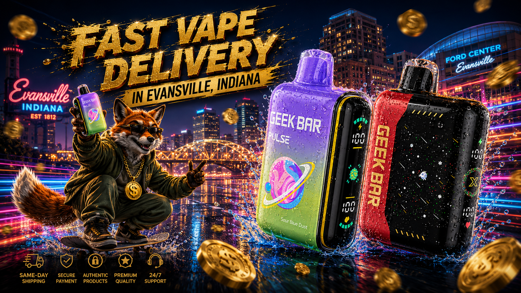 Colorful vape devices with water splashes and gold coins stand against Evansville’s glowing riverfront skyline.