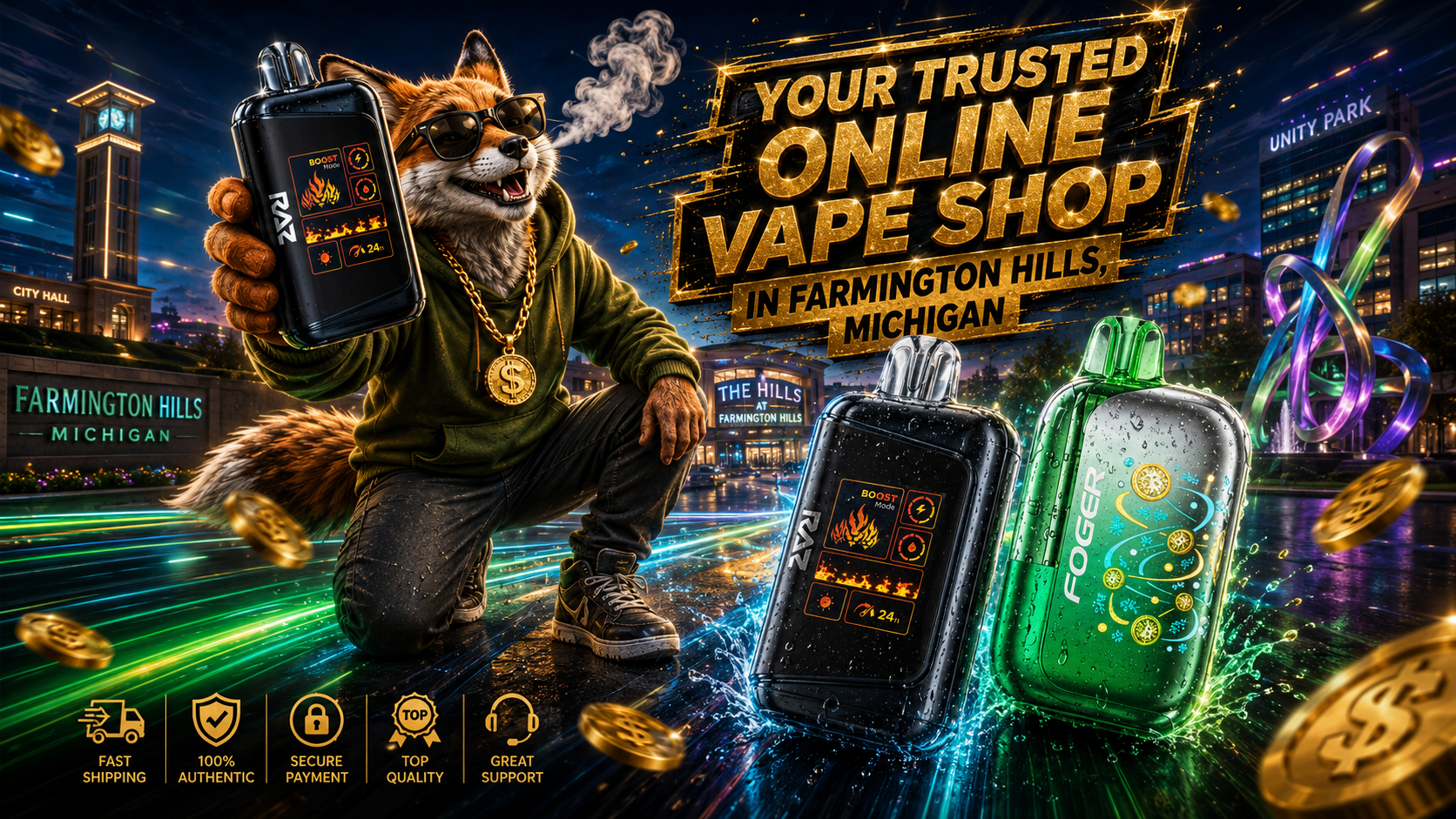 Vape devices with water droplets, colorful light trails, gold coins and a fox in a vibrant Farmington Hills city scene.