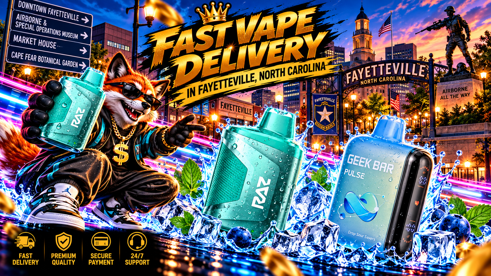 Turquoise and blue vape devices with water droplets rest among ice cubes and bright splashes in a vivid Fayetteville scene.