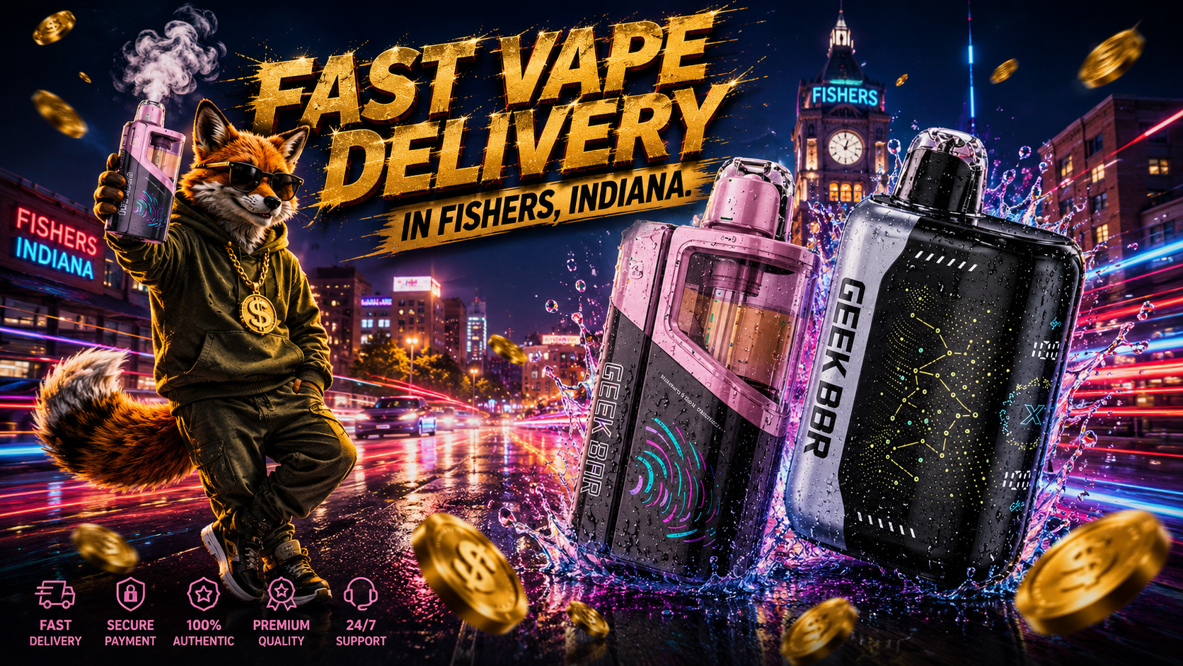 Pink and black vape devices cut through vivid water splashes and golden coins along a neon Fishers street.