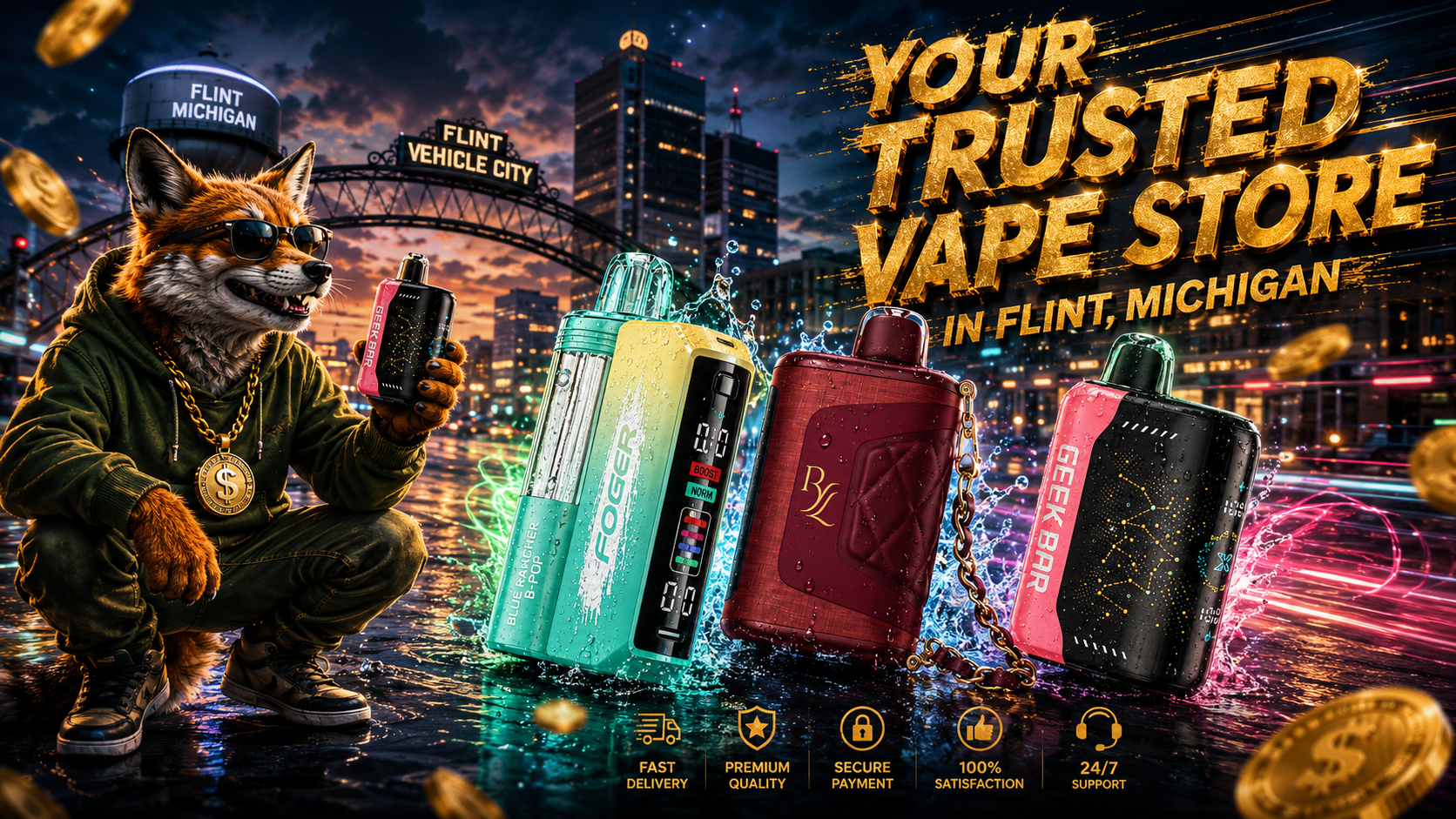 Vape devices with water splashes, colorful light trails, gold coins and a fox in a vibrant Flint, Michigan city scene.