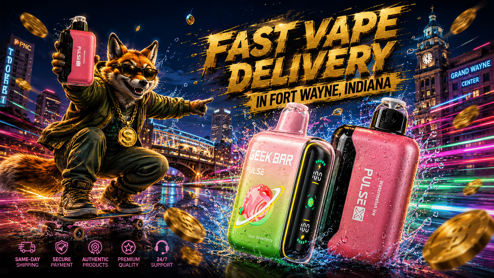 Bright vape devices splash through water beside a skateboarding fox, with Fort Wayne lights glowing behind.