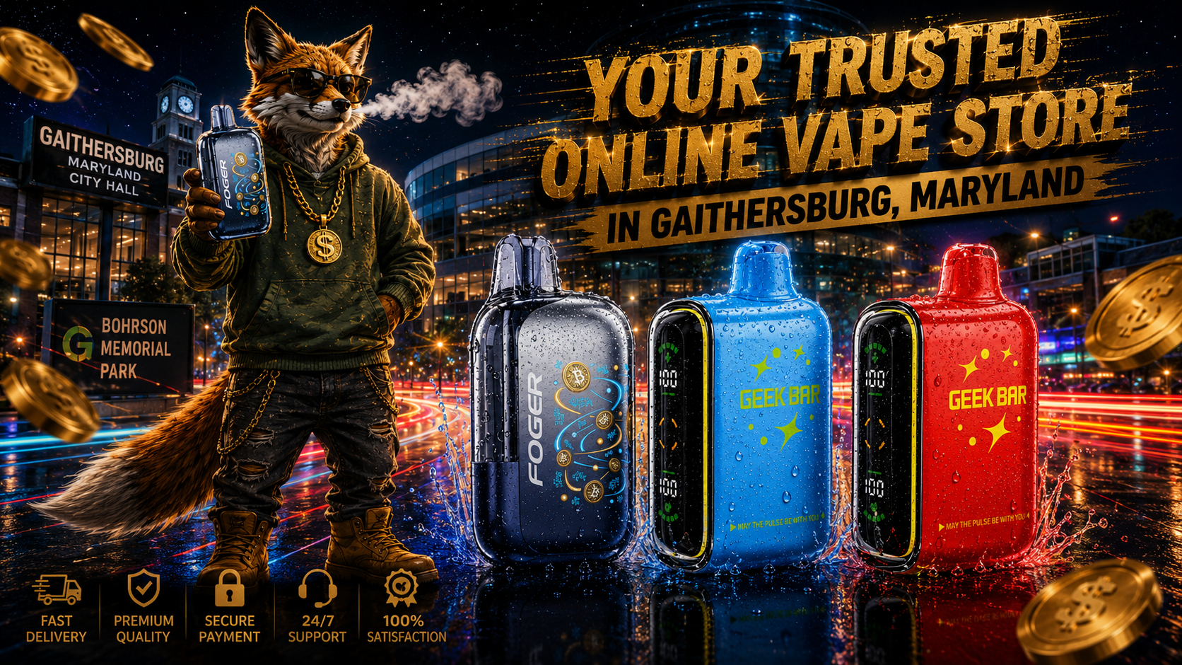 Three water-covered vape devices in silver, blue, and red stand against bright Gaithersburg city lights.