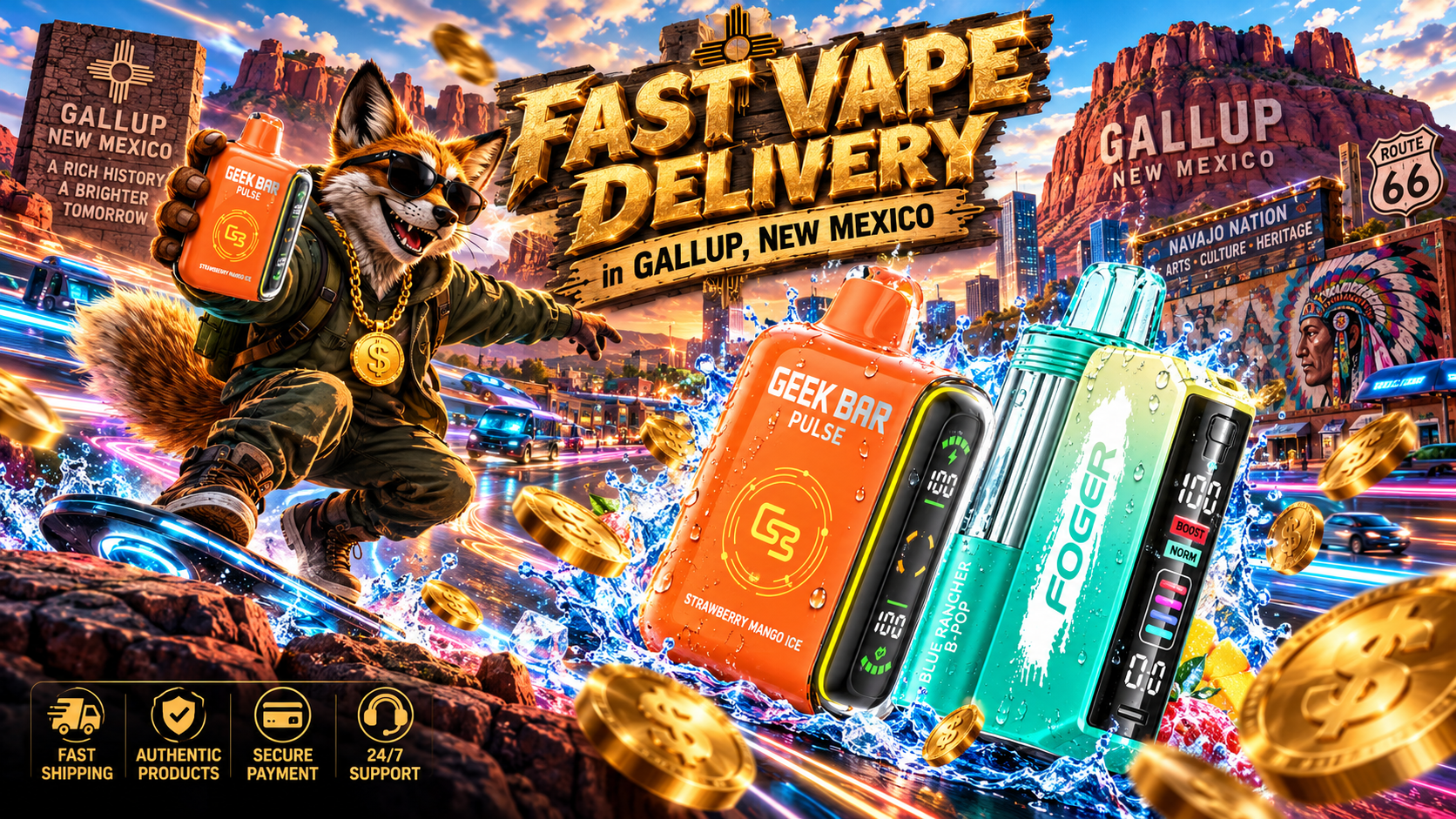 Bright devices splash through water and glowing trails against Gallup’s red rock scenery with a dynamic fox character.