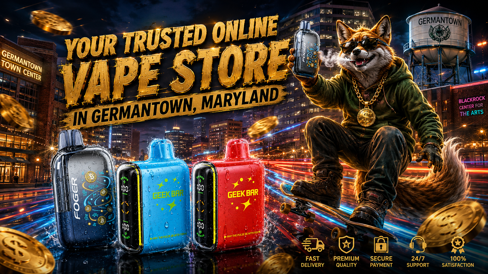 Blue, red and black vape devices with water droplets showcased amid bright Germantown lights and motion effects.