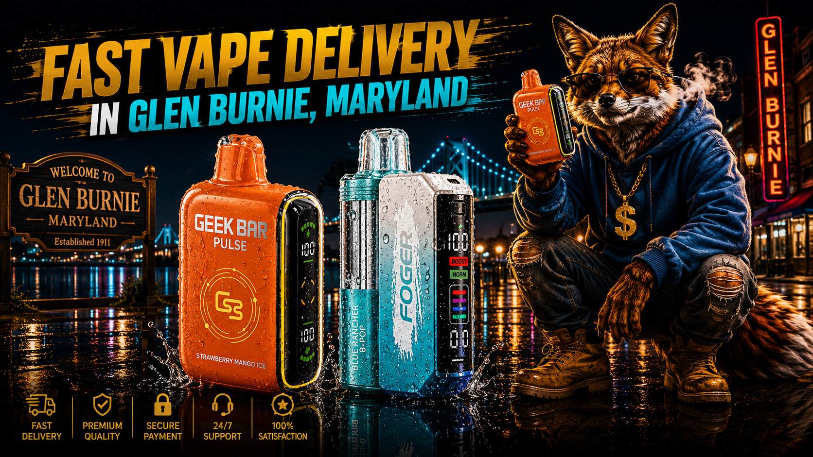 Orange and turquoise vape devices with water droplets stand by a glowing bridge in Glen Burnie at night.