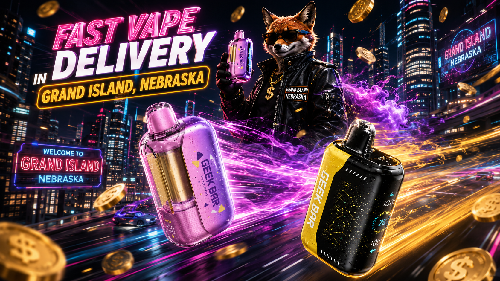 Pink, purple and yellow vape devices racing through neon city lights with a fox mascot and Grand Island skyline.