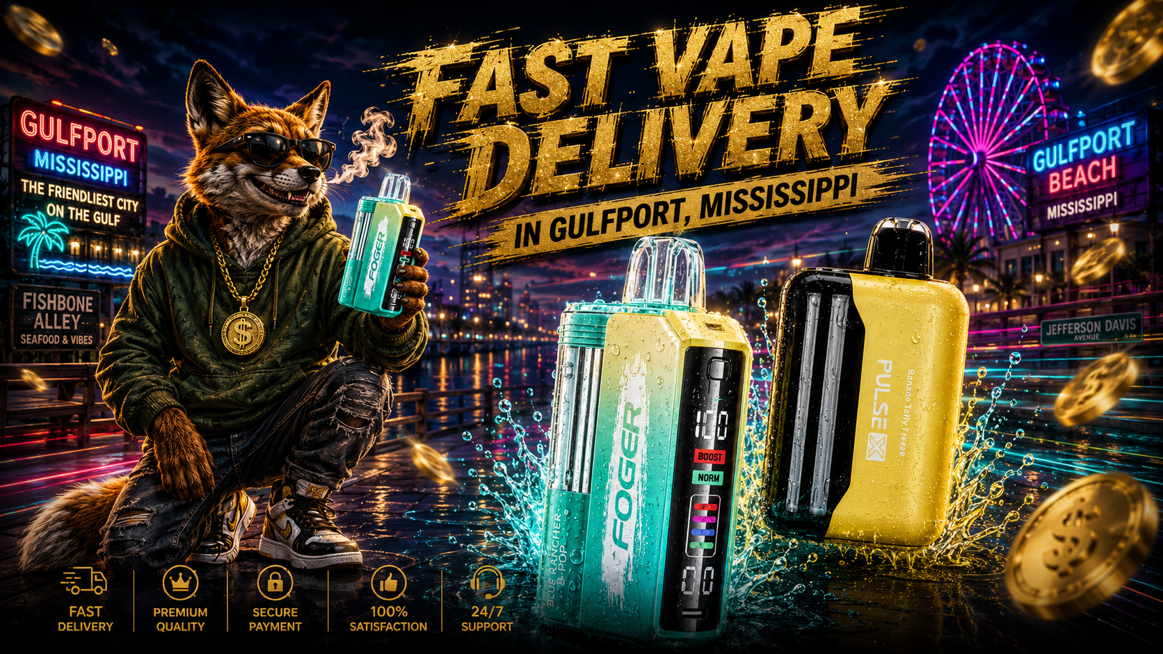 Colorful vape devices surrounded by fresh water spray beside a stylish fox on Gulfport’s illuminated waterfront.