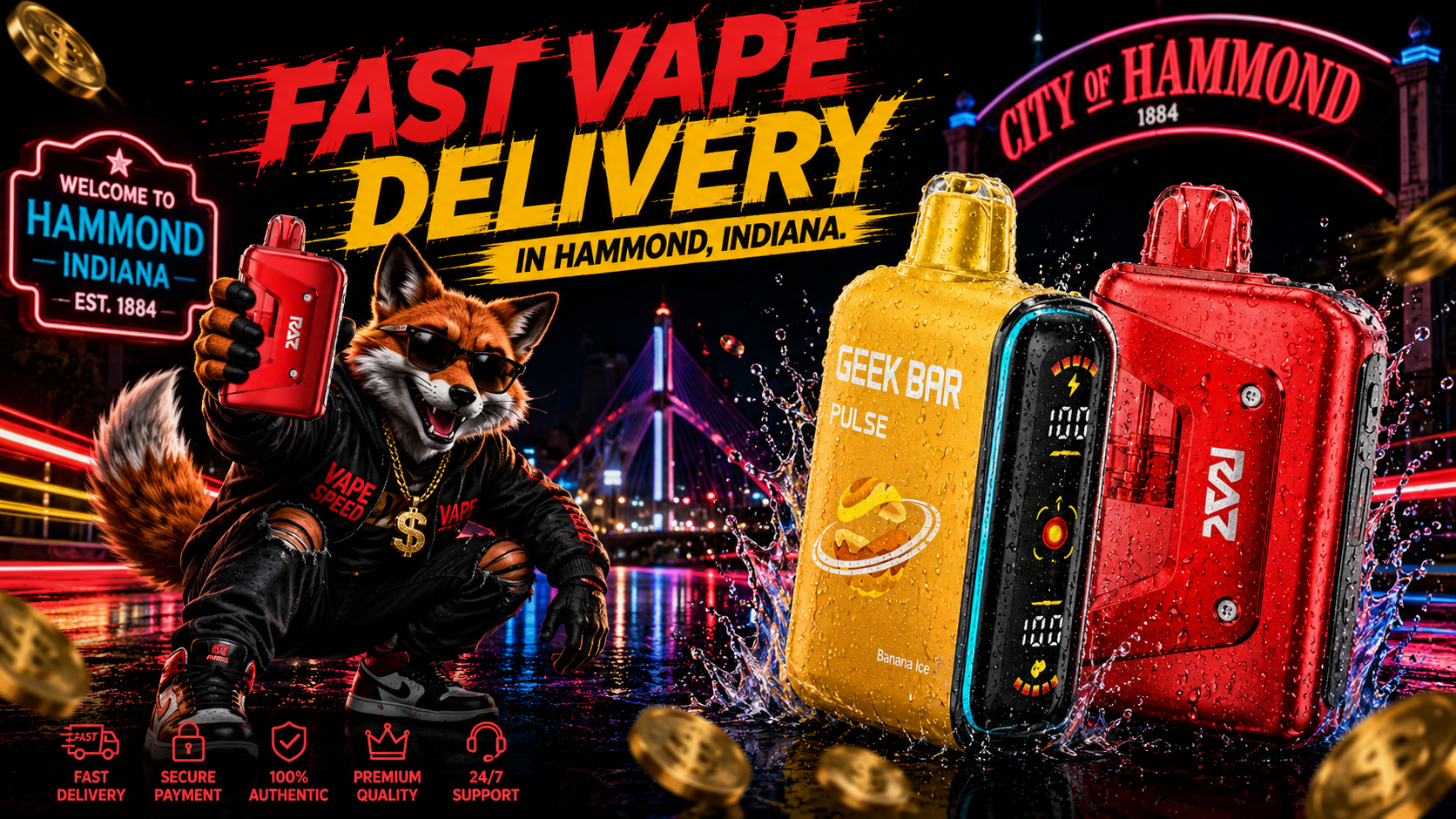 Yellow and red vape devices burst through water splashes beside a fox, with Hammond’s illuminated gateway behind.