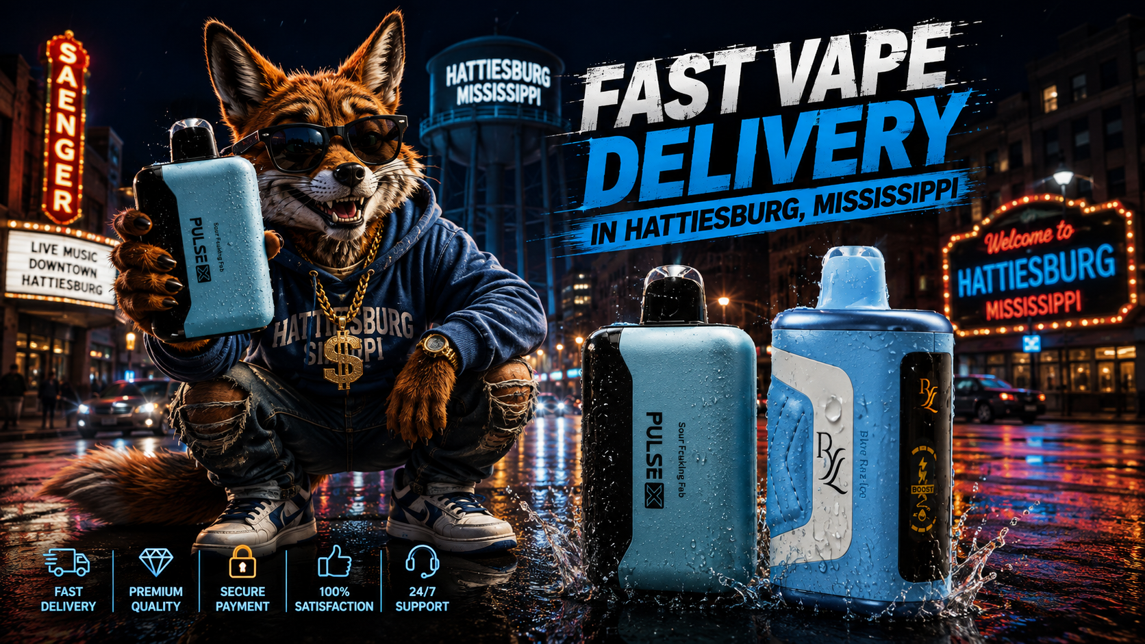 Blue vape devices covered in water droplets with a fox mascot against the illuminated Hattiesburg skyline.